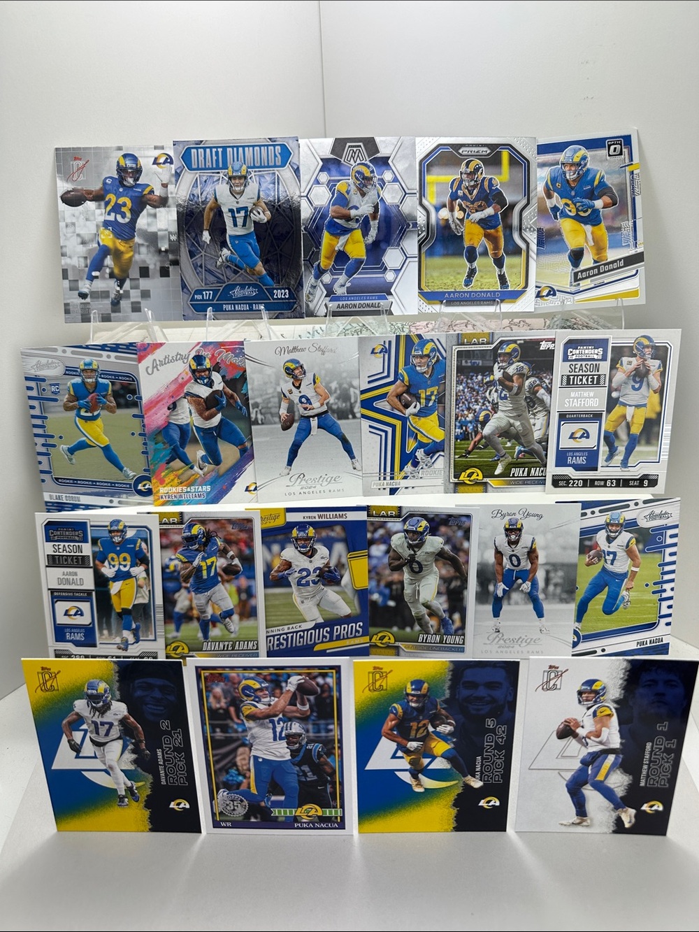 Aaron Donald/Puka Nacua/Matthew Stafford Rams lot of 21 + Davante Adams/Corum